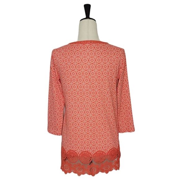 Lands' End Coral Geometric Split Neck Lace Trim 3/4 Sleeve Tunic Top Size XS/P - Picture 4 of 9